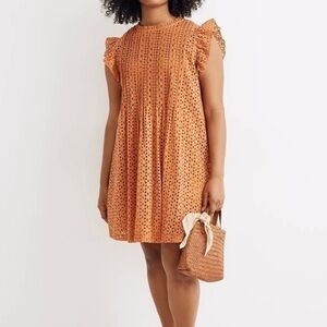 Madewell Eyelet Ruffle Sleeve Pintuck Mini Dress Mulled Cider AN137